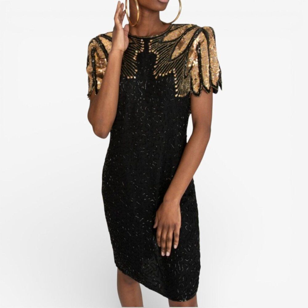 Vintage 90s D'Albert Silk Beaded Sequin Dress 10 M Cocktail Party LBD Mob Wife - Picture 2 of 14